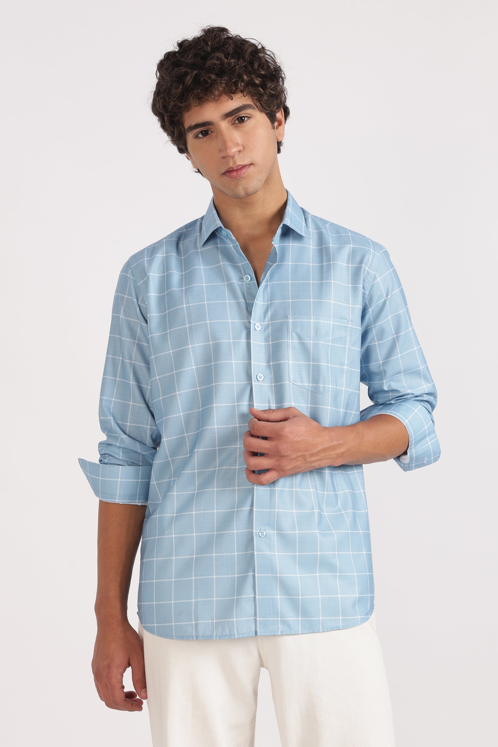 light  blue  regular  fit  checkered  shirt