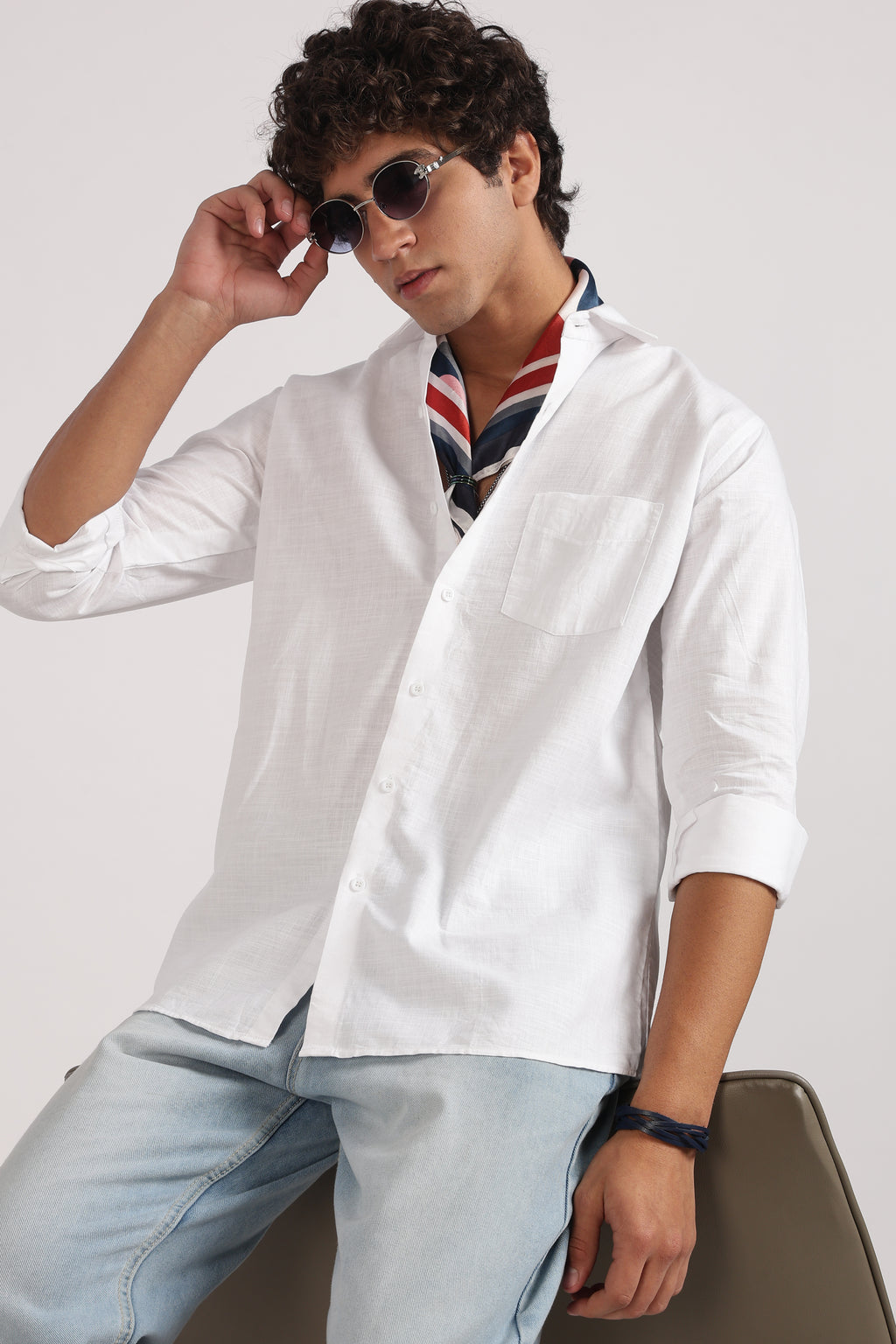 white linen blend regular fit casual shirt