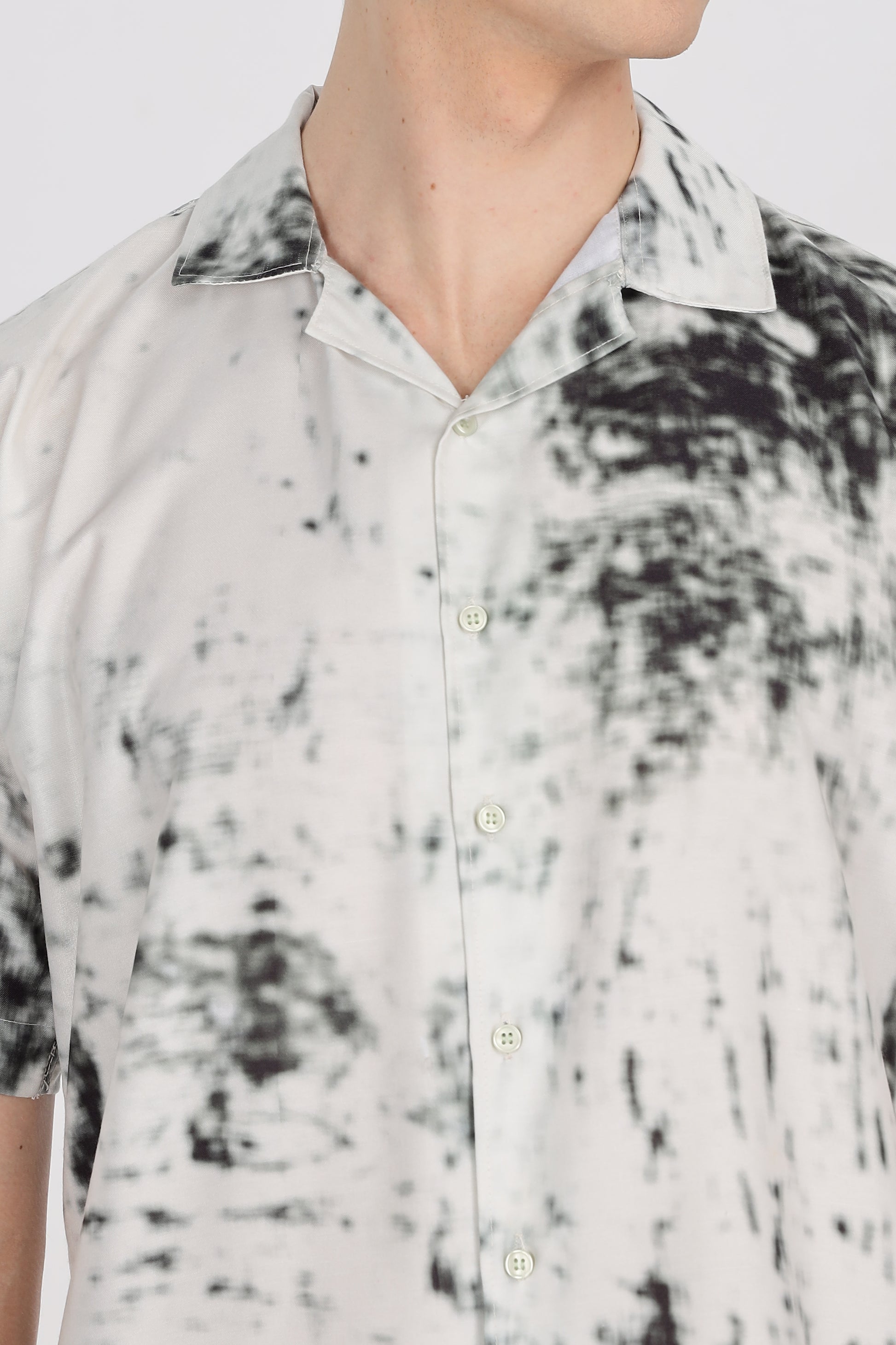 White Viscose Abstract Print Relaxed Fit Club Collar Shirt