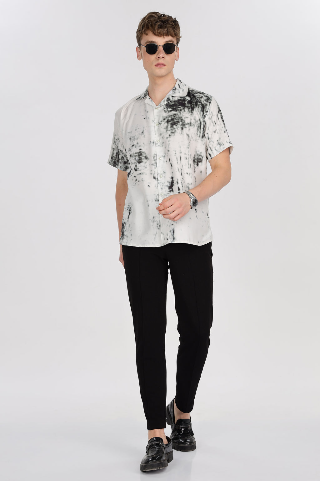 White Viscose Abstract Print Relaxed Fit Club Collar Shirt