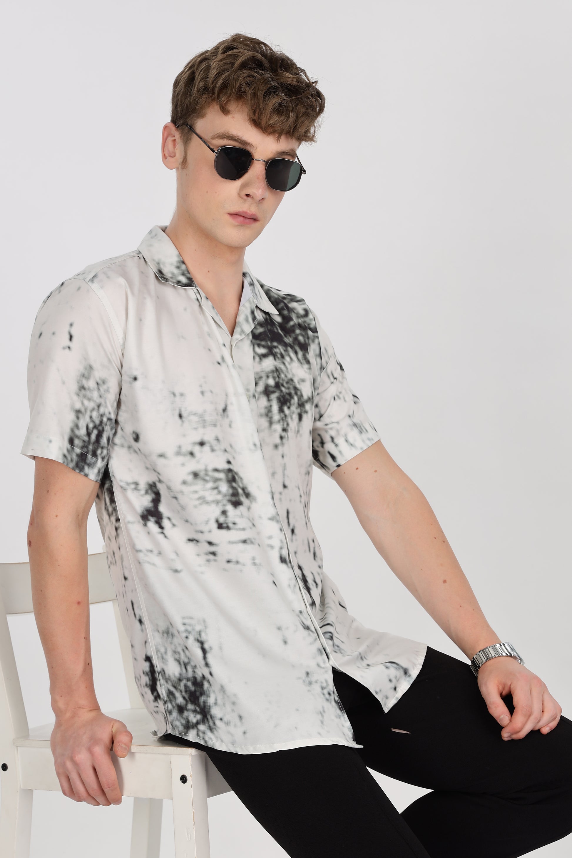 White Viscose Abstract Print Relaxed Fit Club Collar Shirt