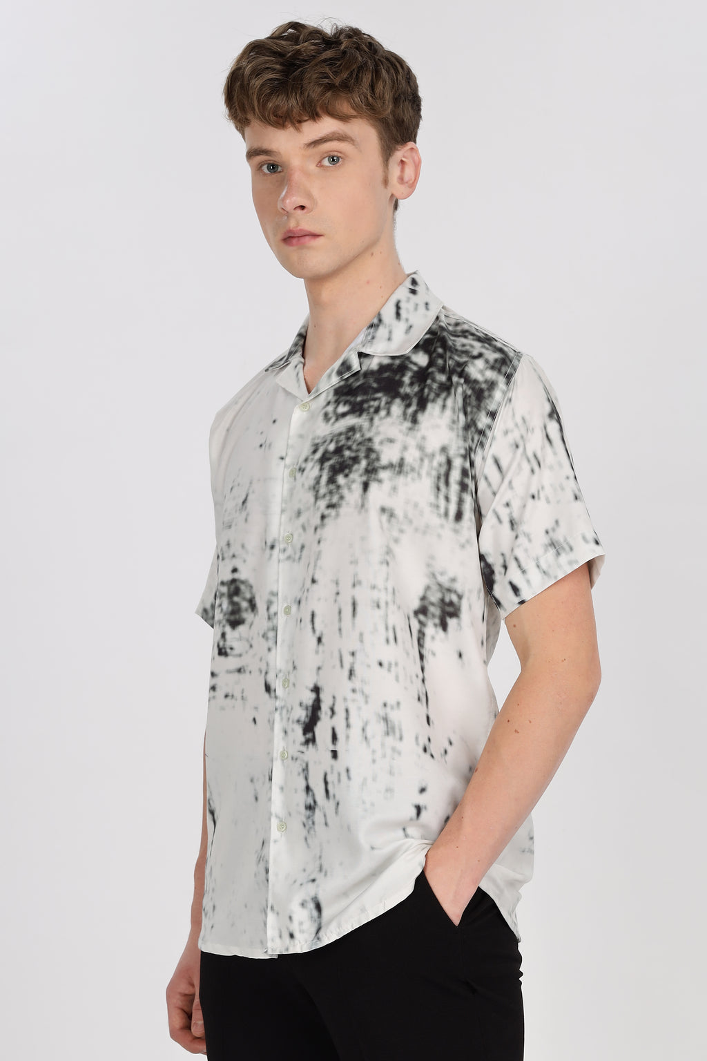 White Viscose Abstract Print Relaxed Fit Club Collar Shirt