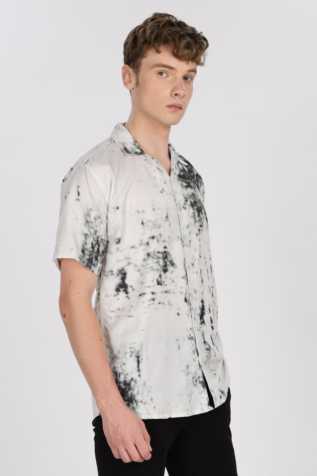 White Viscose Abstract Print Relaxed Fit Club Collar Shirt