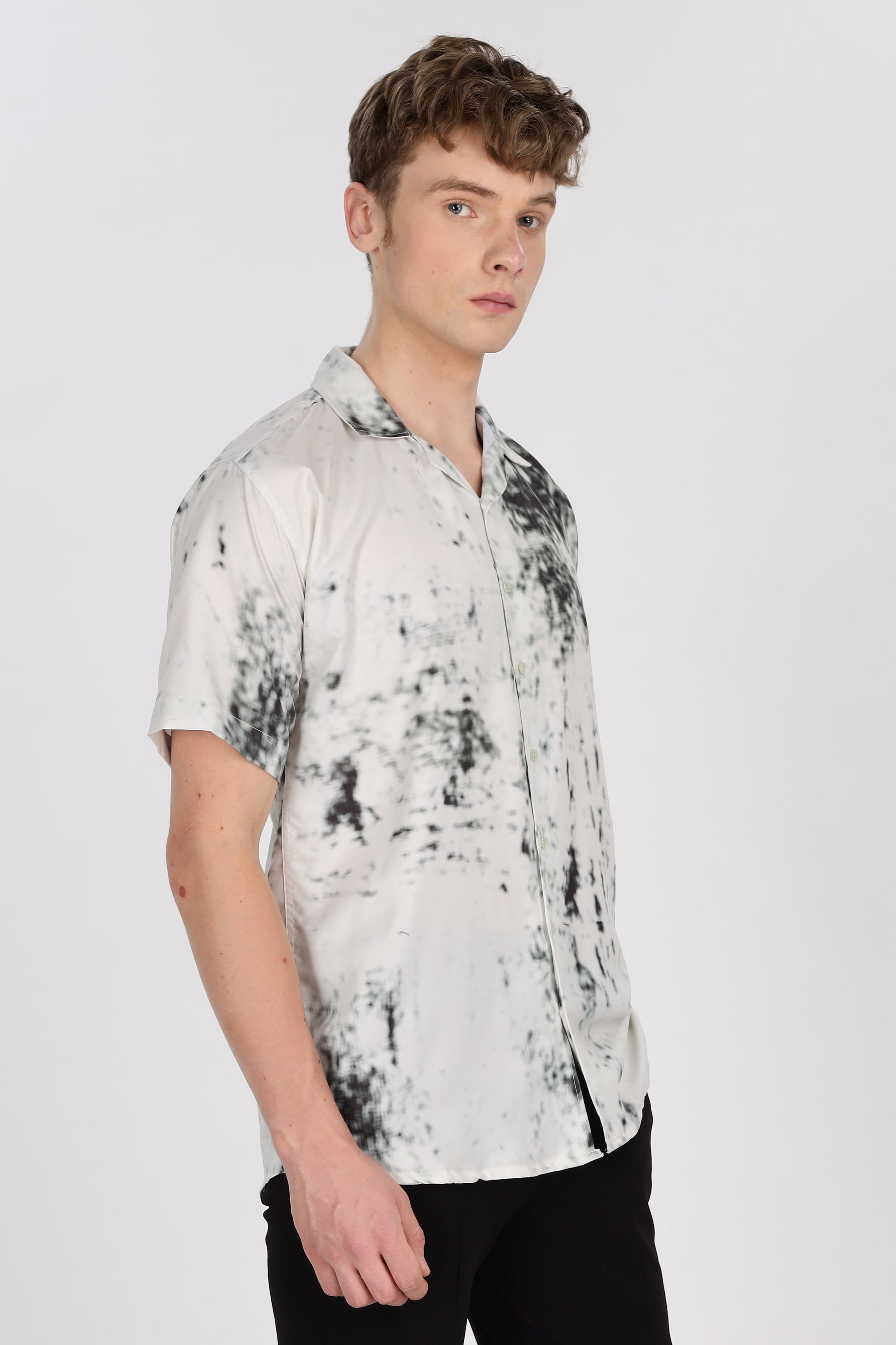 White Viscose Abstract Print Relaxed Fit Club Collar Shirt